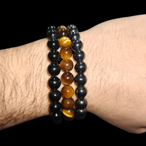 3 Piece Protection Bracelet Set Tiger Eye Hematite Black Tourmaline 8mm Unisex - Picture 3 of 6